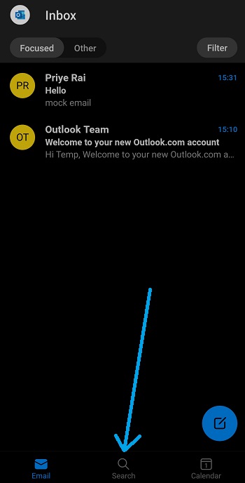 search button in outlook mobile