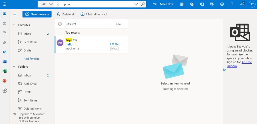 search results in outlook