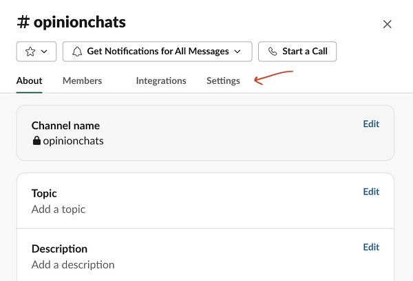 settings button in channel options slack