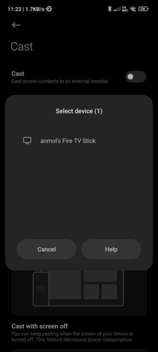 Fire Stick detected on Android  - Mirror Android screen to Fire stick