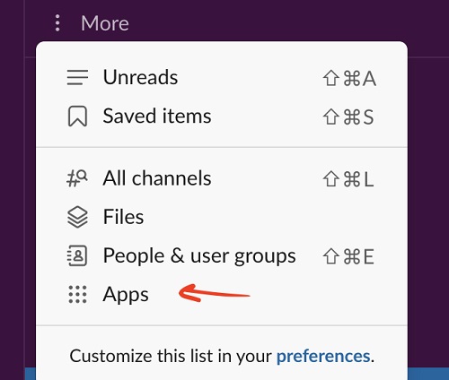 apps button in more in slack