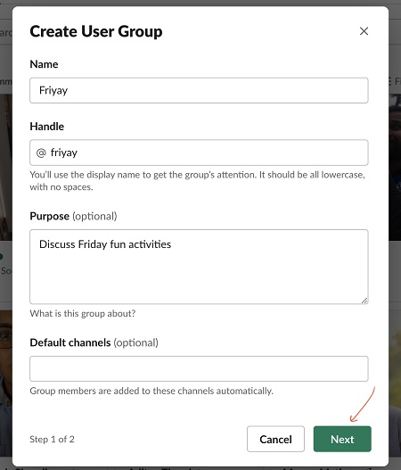 create user group window in slack