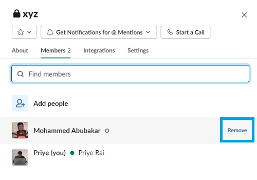 remove member button in slack