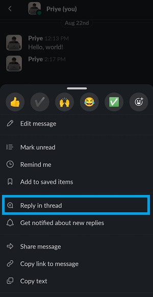 reply in thread button in a message in slack mobile app