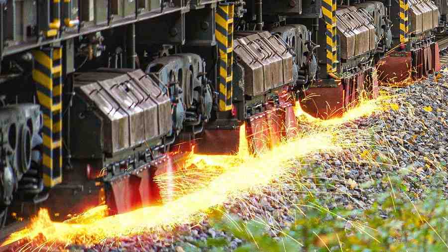 sparks from a rail grinder