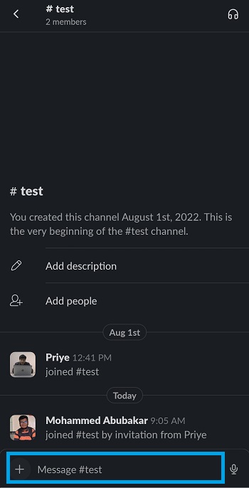 text field in slack channel in slack mobile app