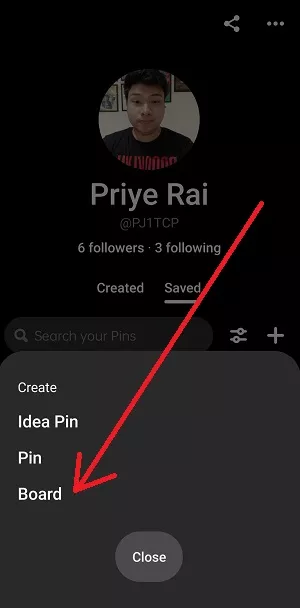 board button in pinterest app