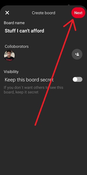 next button in pinterest app