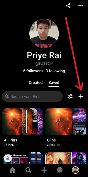 plus or add button in pinterest app