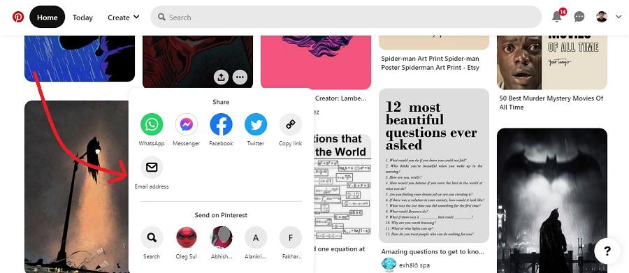 share options in pinterest web