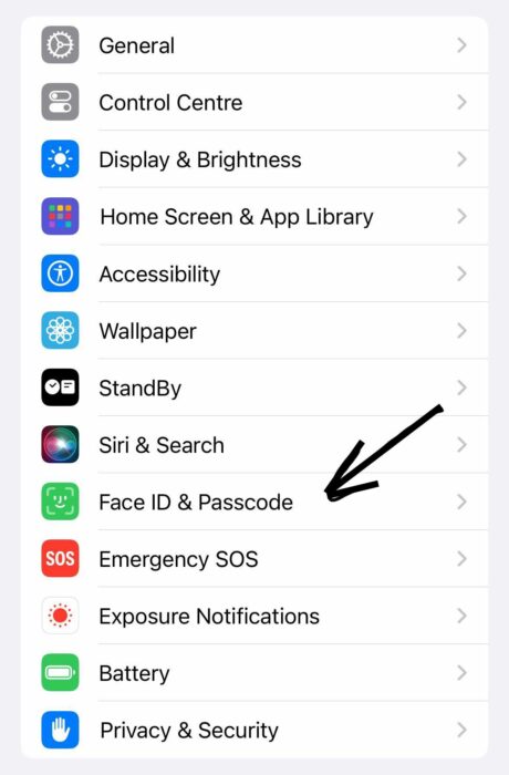 Screenshot of Face ID and Passcode setting