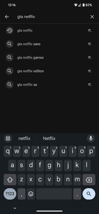 Screenshot of searching for GTA on Play Store