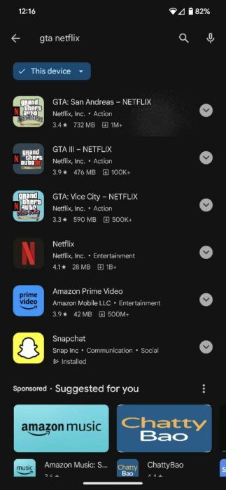 Screenshot of Play Store search for GTA Netflix