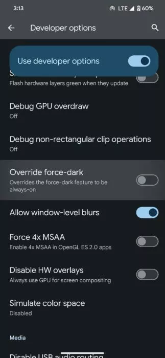 Override force dark mode in developer options