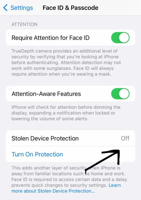 Screenshot of stolen device protection feature on iOS 17.3