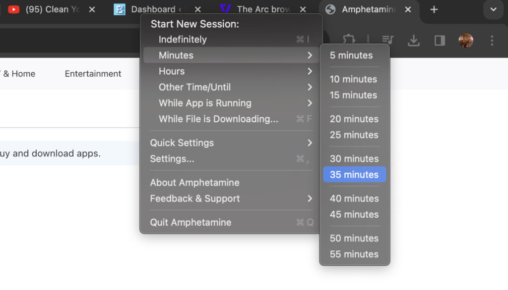 Screenshot of the Amphetamine macOS app