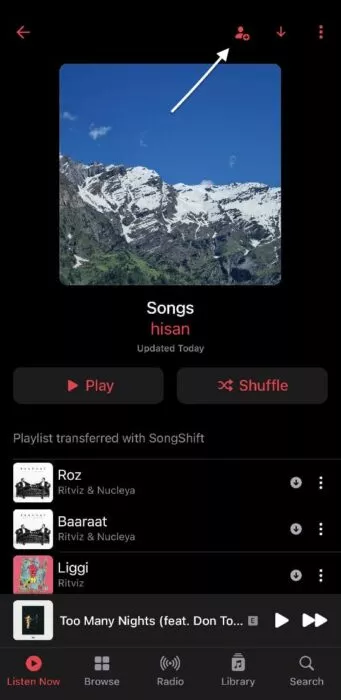 Screenshot of the Collaborative music playlists feature on iOS 17.3