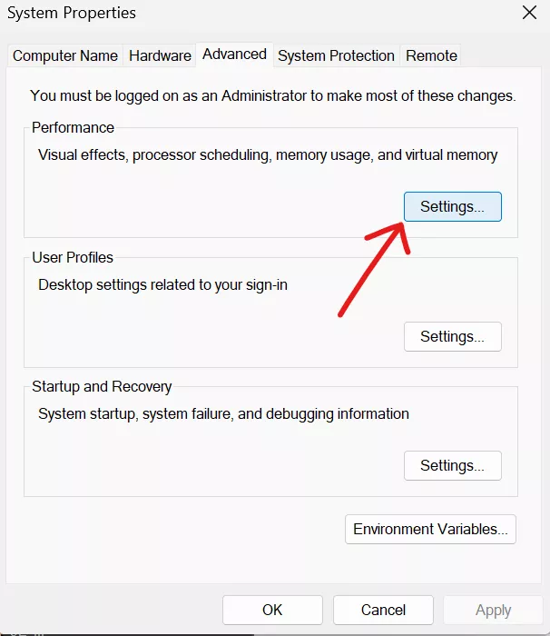 Screenshot of the Settings button in the Performance section