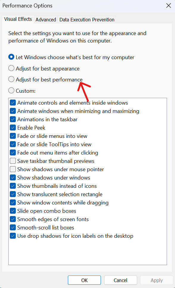 Screenshot of how to disable all animations in Windows 11