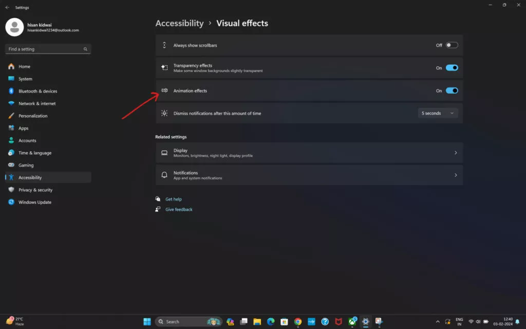 Screenshot of how to disable animation effects in Windows 11