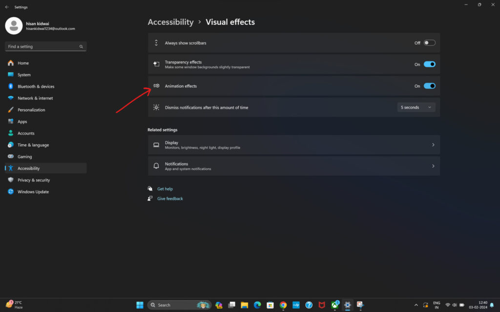 Screenshot of how to disable animation effects in Windows 11