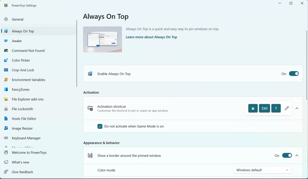Image of the Always on Top feature in Microsoft PowerToys