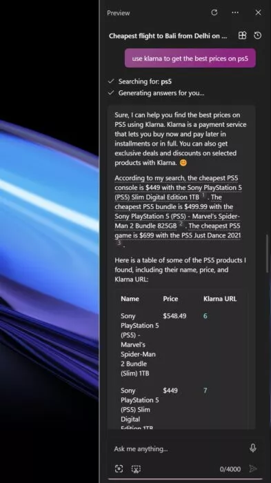 Screenshot of Klarna stating the best price for PS5