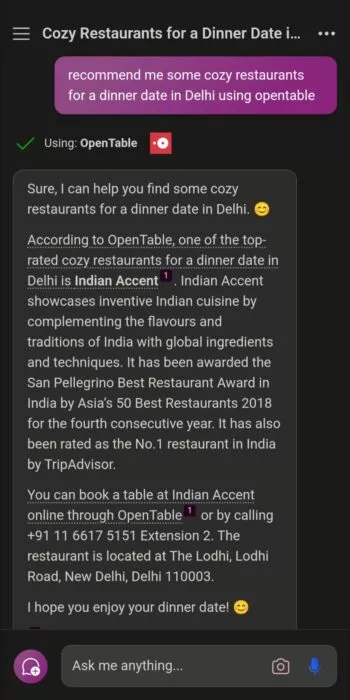 Screenshot of Opentable recommending some places in Delhi