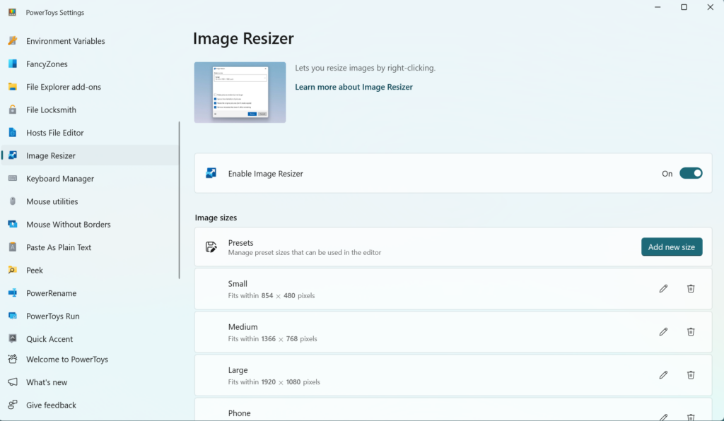 Image of the resize images feature in Microsoft PowerToys