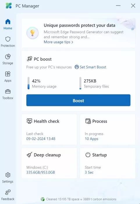 Screenshot of the home settings in the Microsoft PC Manager app