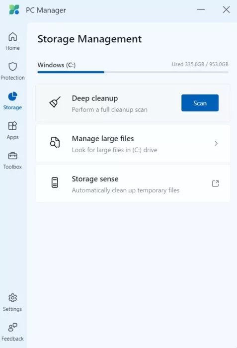 Screenshot of the storage settings in the Microsoft PC Manager app