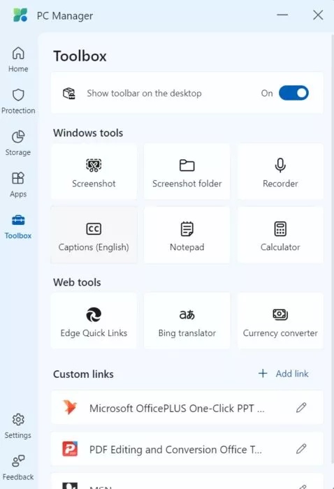 Screenshot of the Toolbox settings 
