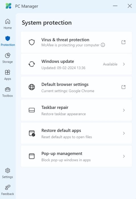 Screenshot of the security settings in the Microsoft PC Manager app
