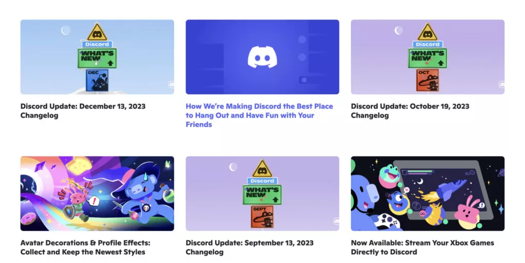 Screenshot of the Discord updates page