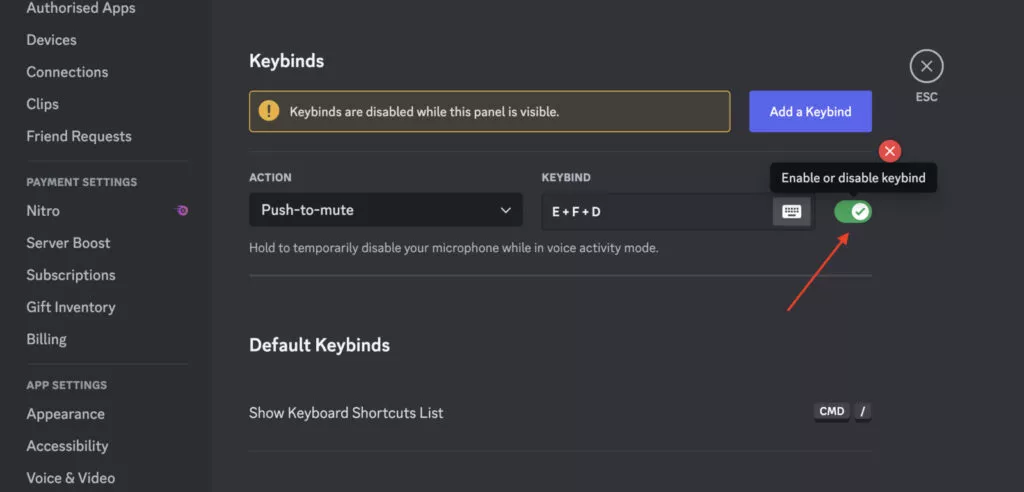 Screenshot of the Keybind settings on Discord 