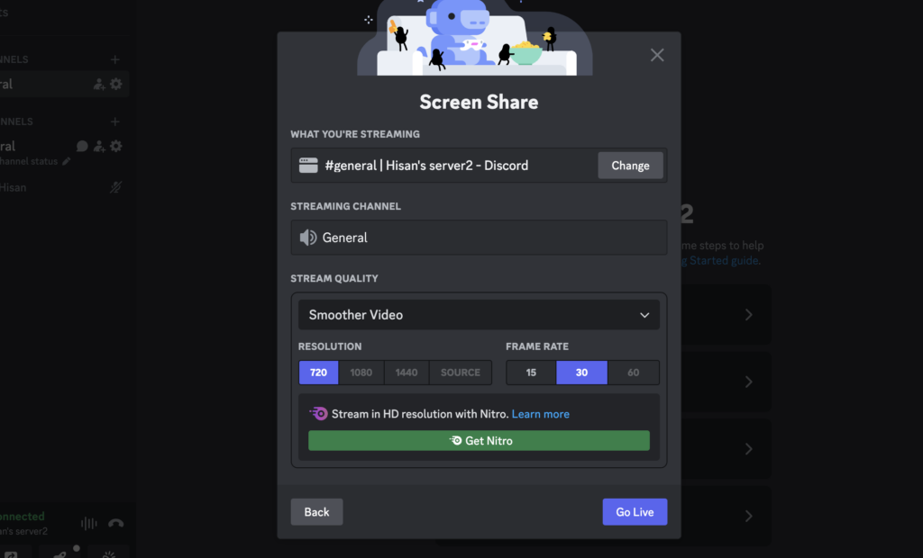 Screenshot of the different live streaming options on discord 