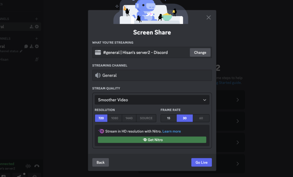 Скриншот различных вариантов прямой трансляции на Discord 