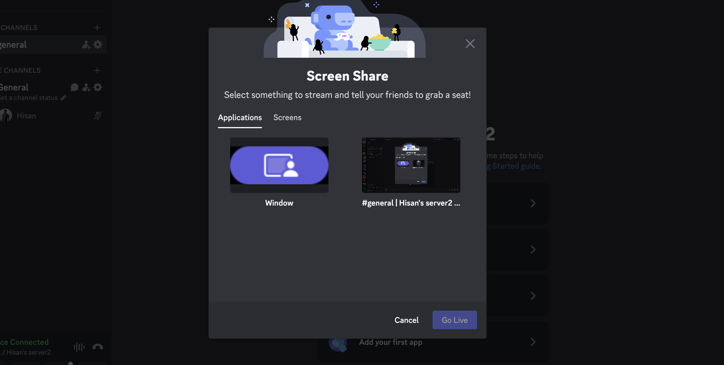 Screenshot of the live stream option on Discord