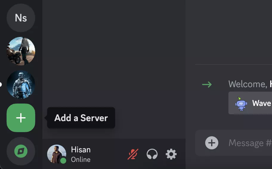 Кнопка «Добавить новый сервер» в Discord