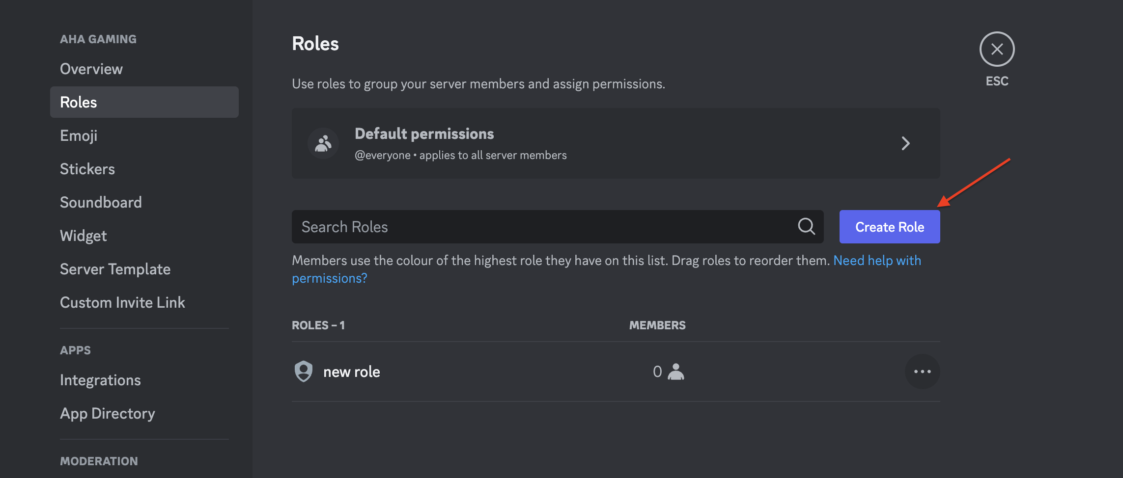 Screenshot of the Create Role setting on Discord 