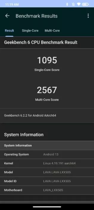 Screenshot of the Geekbench results