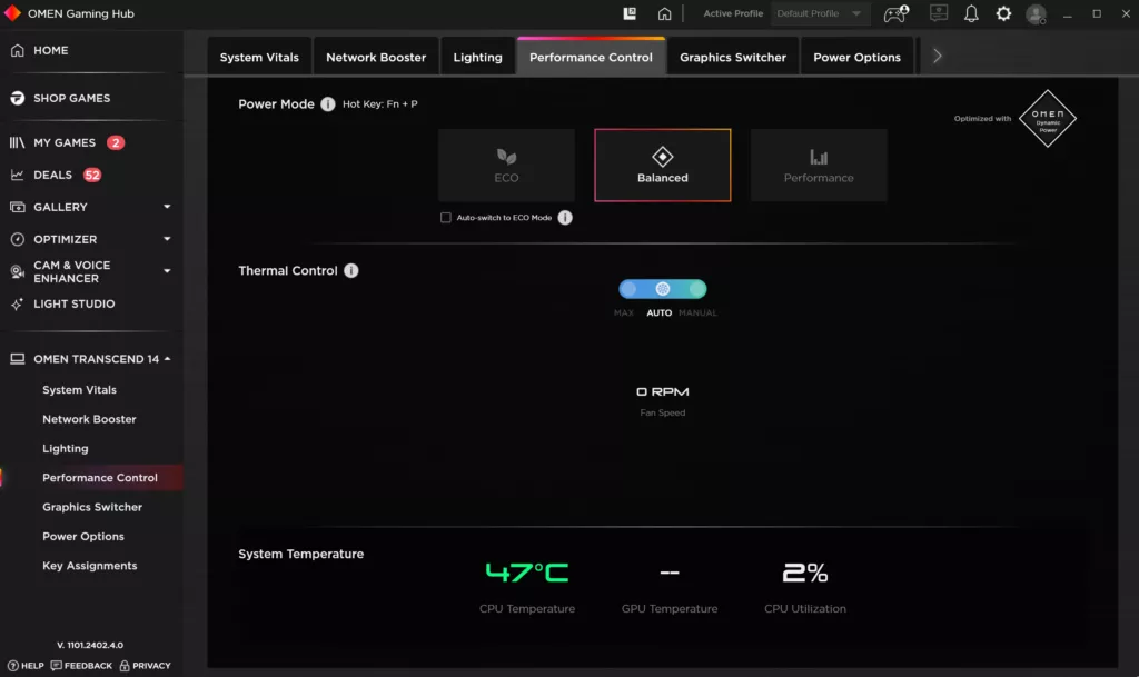 Screenshot of the HP Omen Gaming Hub app