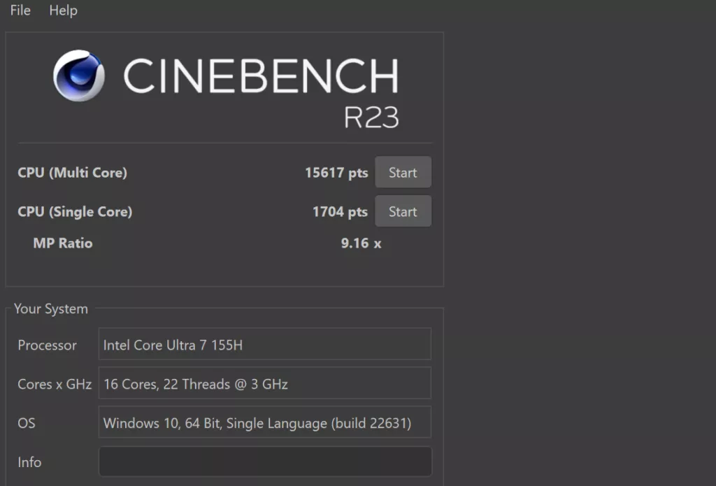 Screenshot of the Cinebench R23 benchmark