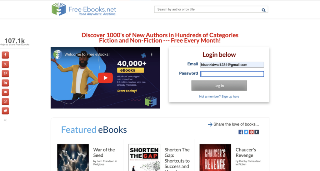 Screenshot of the Free-ebooks.net website as an alternative to Z-library