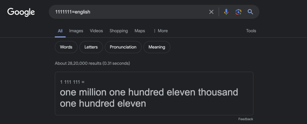 Screenshot of the pronounce numbers Google trick/feature
