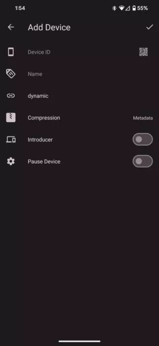 Screenshot of the Syncthing android app while adding a new device