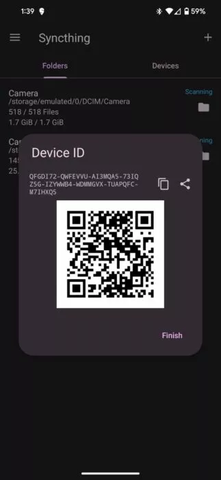 Screenshot of the Syncthing android app while generating a new QR on the other device 