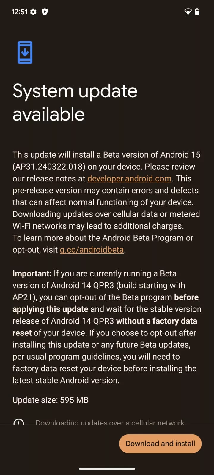 Screenshot of Android 15 Beta update