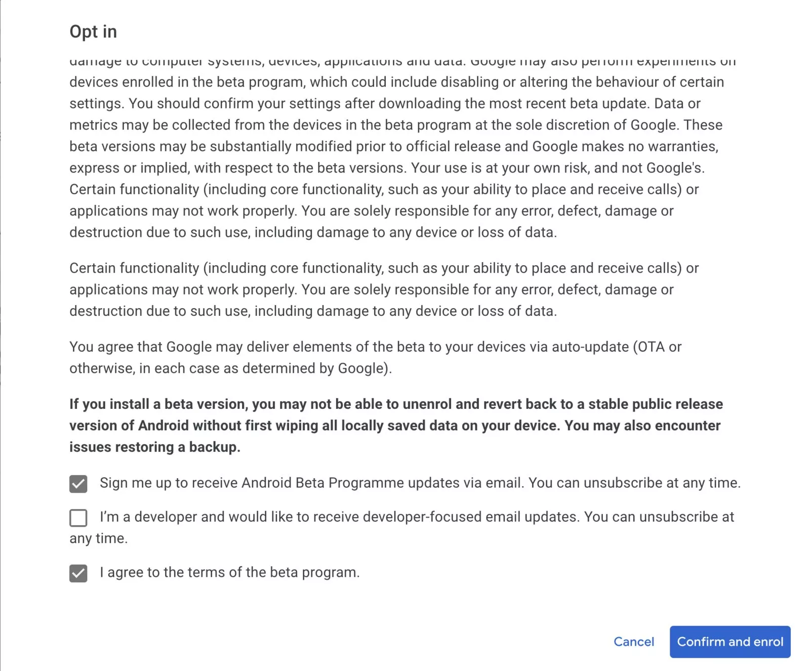 Screenshot of the terms and conditions page of Android 15 beta testing