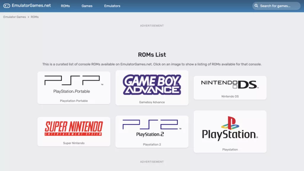 Screenshot from the Emulatorgames.net website